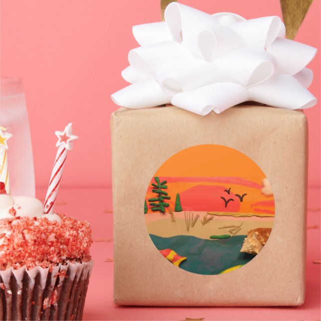 Beach Scene Nature's Shell Clay Folk Art Classic Round Sticker (Party)