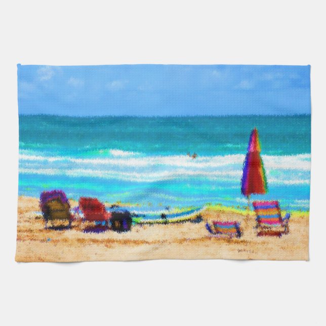beach scene painterly chairs surfboards umbrellas kitchen towel (Horizontal)