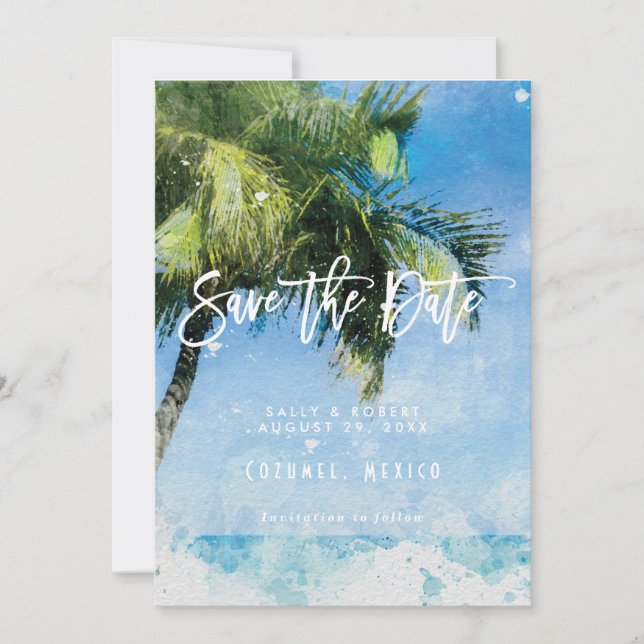 beach scene palm tree wedding save the date card (Front)