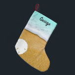 Beach Scene Sand Dollar Double Christmas Stocking<br><div class="desc">Double sided printing on Christmas stockings with a beach scene.  Sand and surf with a big white sand dollar and name template at the top.  Use for guys or gals,  adults or kids.  Anyone who loves the beach will appreciate this sea coast design.</div>