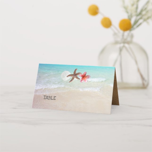 Beach Scene Starfish Plumeria Table Seating Cards (Front)