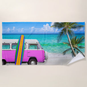 Beach Scene with Fuchsia Pink Van and Surfboard Towel