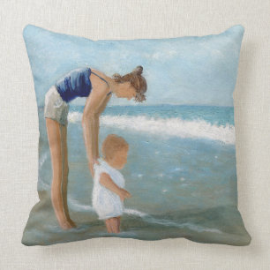 Beach Scene with Mother and Baby Throw Pillow