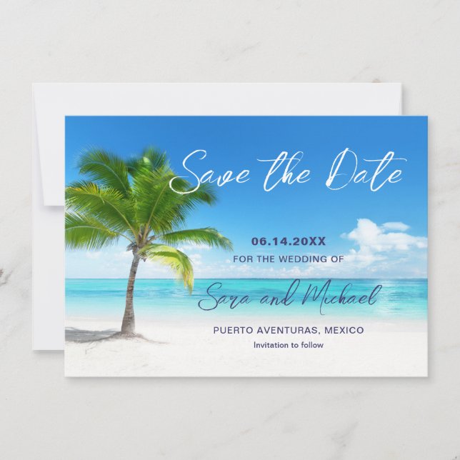 Beach Scene with Palm Tree Wedding Save the Date (Front)