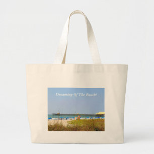 Beach Scene with Pier says "Beauty And The Beach! Large Tote Bag