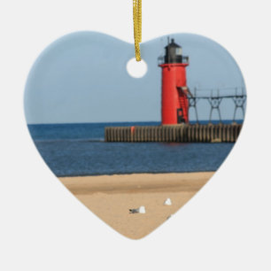 Beach scene with seagulls and lighthouse ceramic ornament