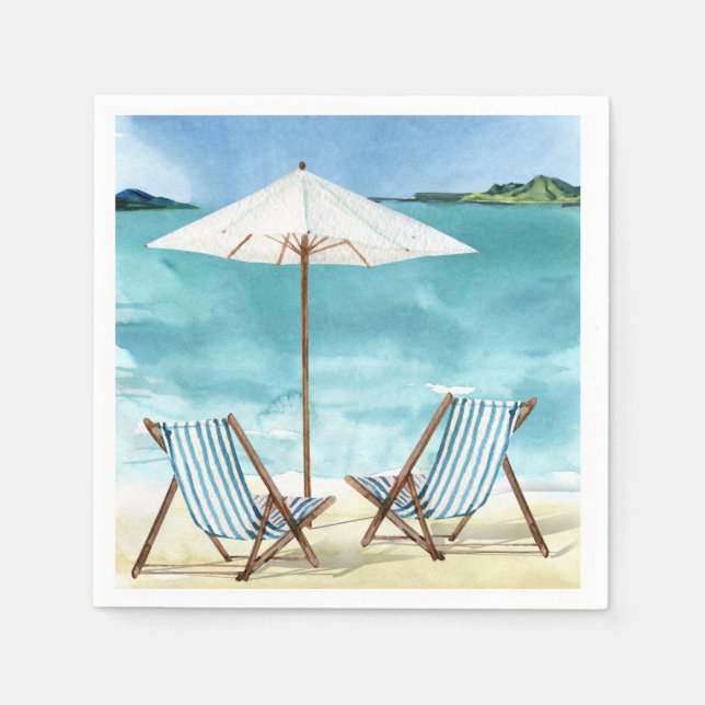 Beach Scene with two beach chairs and umbrella Napkin (Front)