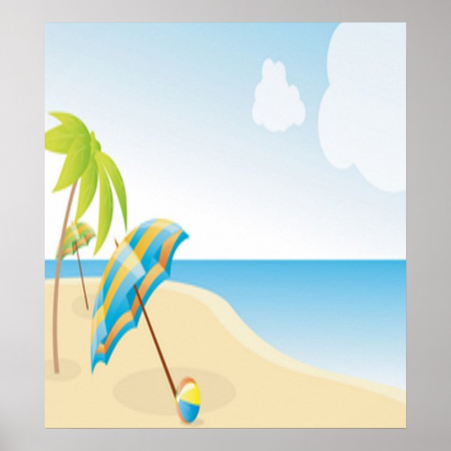 Beach Scene with Umbrella, Palm Trees & Beach Ball Poster (Front)