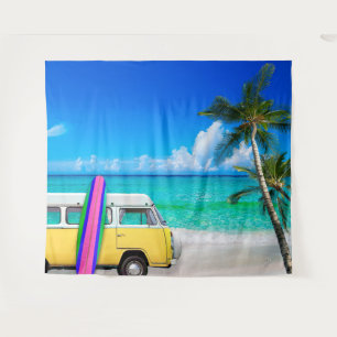 Beach Scene with Yellow Van and Pink Surfboard Tapestry
