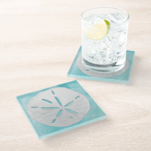 Beach Sea Blue White Sand Dollars Coastal Glass Coaster