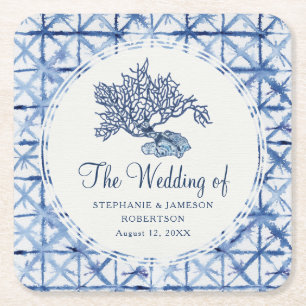 Beach Sea Coral Shibori Navy Blue Ocean Wedding  Square Paper Coaster