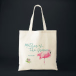 Beach sea flamingo wedding mother of the groom tote bag<br><div class="desc">Pink watercolor flamingo mother of the groom sea / beach / destination wedding tote bag with aqua blue calligraphy script,  a tropical flamingo bird and editable text. Personalize it with the mother of the groom's name.</div>