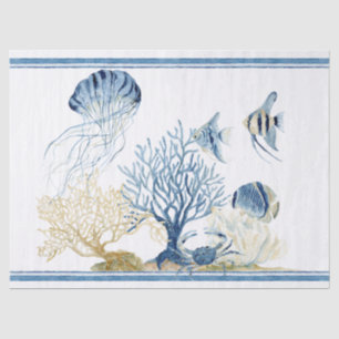 Beach Sea Life Coral Crab Jelly Fish Blue n White Tissue Paper