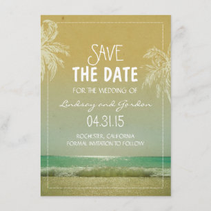 Beach sea & palm trees save the date cards