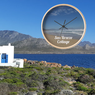 Beach Sea Sand Blue and White Modern Photo Text Clock