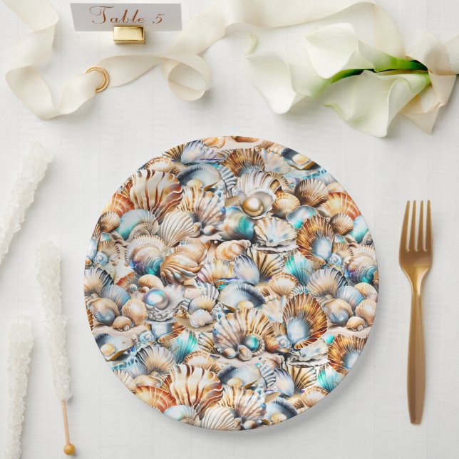 Beach sea shells iridescent collage nautical chic paper plate (Wedding)