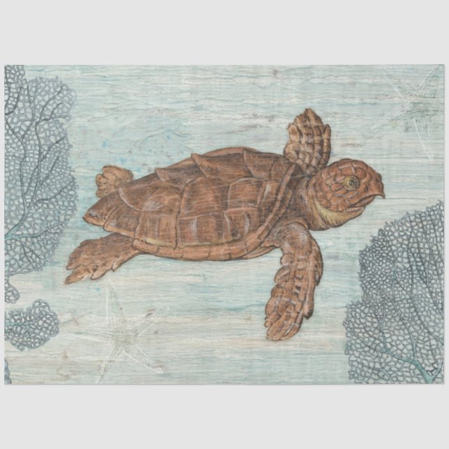 Beach Sea Turtle Blue Coral Crackle Wood Decoupage Tissue Paper (Front)