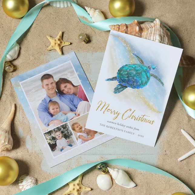 Beach Sea Turtle Coastal Merry Christmas 3 Photo Holiday Card (Creator Uploaded)