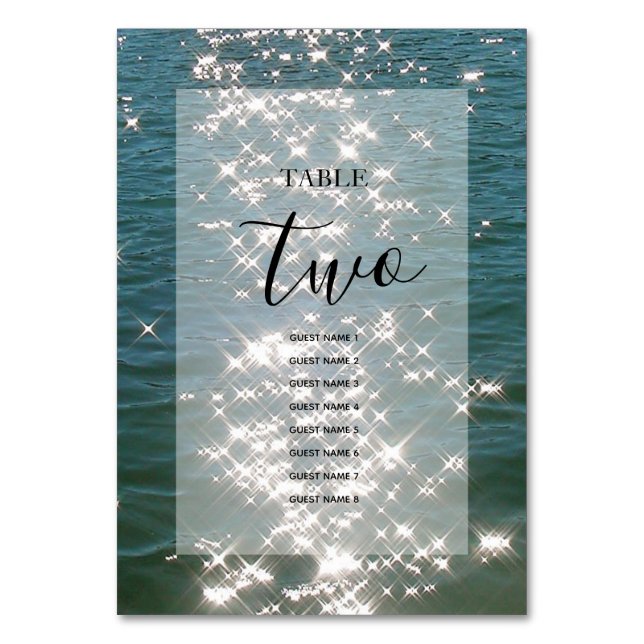 Beach Sea Water Sparkles Wedding Guest Names Table Number (Front)