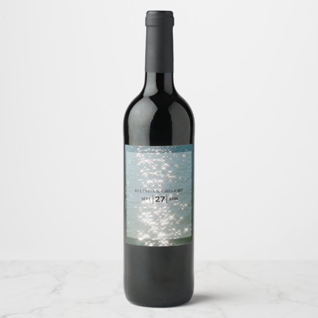 Beach Sea Water Sparkles Wedding Wine Label (Front)