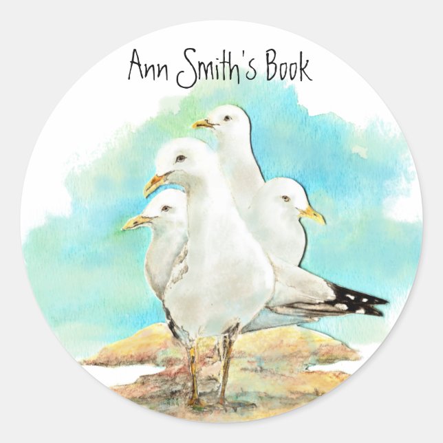 Beach & Seagull Book Plate to Customize Classic Round Sticker (Front)