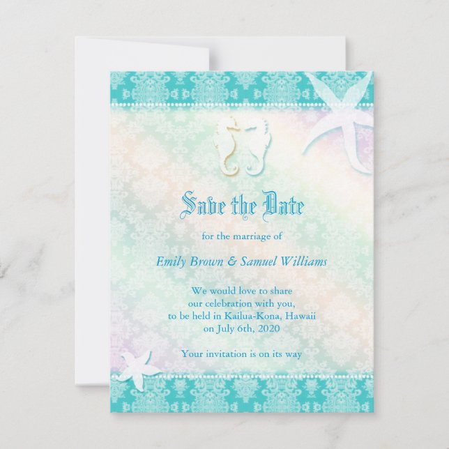 Beach Seahorse Aqua Wedding Save the Date (Front)