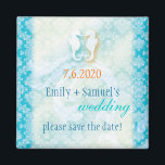 Beach Seahorse Luau Wedding Save the Date Magnet<br><div class="desc">Whimsical and cute sea horse couple, starfish, ocean waves with an elegant damask pattern in aqua, turquoise, blue shades designed on custom Wedding Save the Date Invitation Magnets. Lovely sea creatures and a flamboyant damask pattern in the background have the perfect feel for your CHIC OCEANFRONT WEDDING | FESTIVE LUAU...</div>