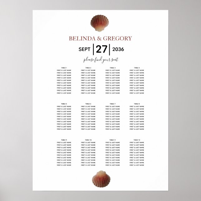 Beach Seashell Clams Wedding Seating Chart (Front)