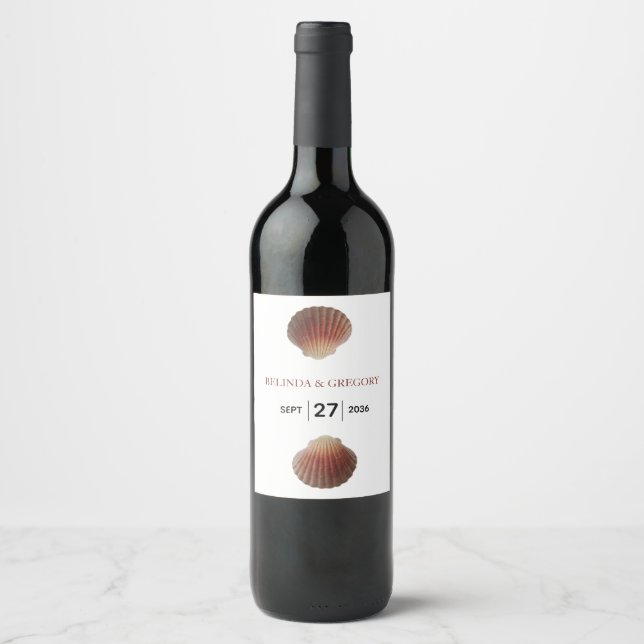 Beach Seashell Clams Wedding Wine Label (Front)