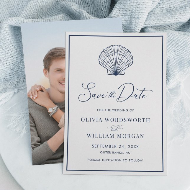 Beach Seashell Elegant Navy Blue Wedding Save The Date (Creator Uploaded)