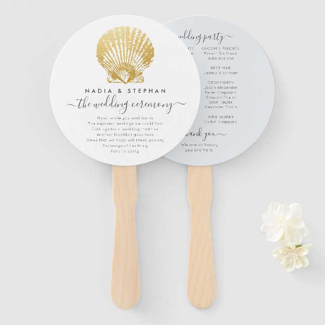 Beach Seashell Gold + Blue Wedding Program Hand Fan (Front and Back)