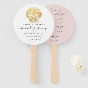 Beach Seashell Gold + Pink Wedding Program Fan