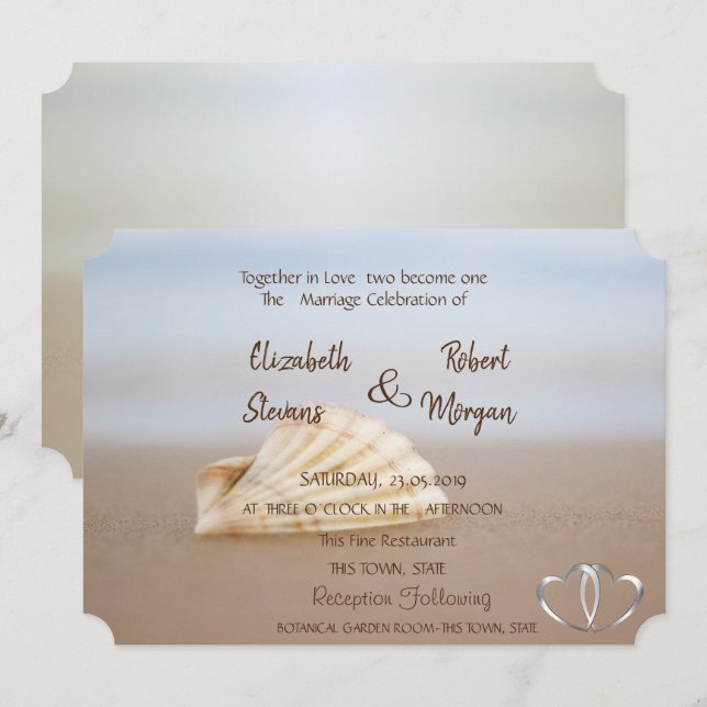 Beach Seashell, Hearts Faire-part de mariage (Devant / Derrière)