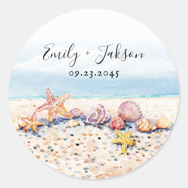 Beach Seashell Ocean Mountains Cloud Watercolor Classic Round Sticker (Front)