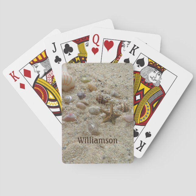 Beach Seashells and Sand Coastal Personalized Playing Cards (Back)
