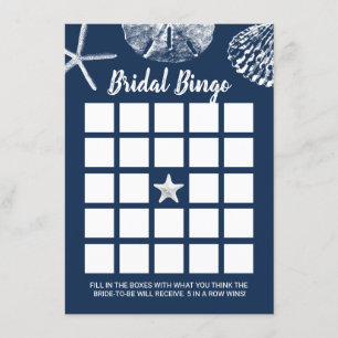 Beach Seashells Bridal Shower Bingo Game Navy Blue Invitation