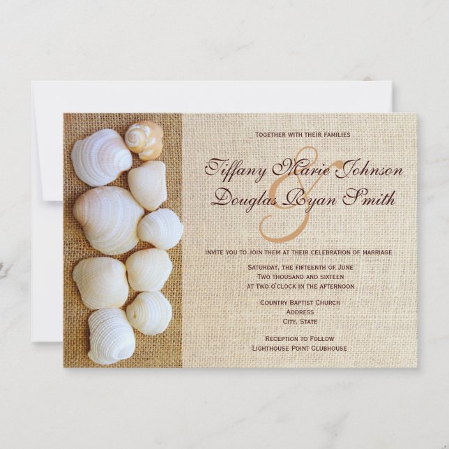 Beach Seashells Burlap Print Wedding Invitations (Front)