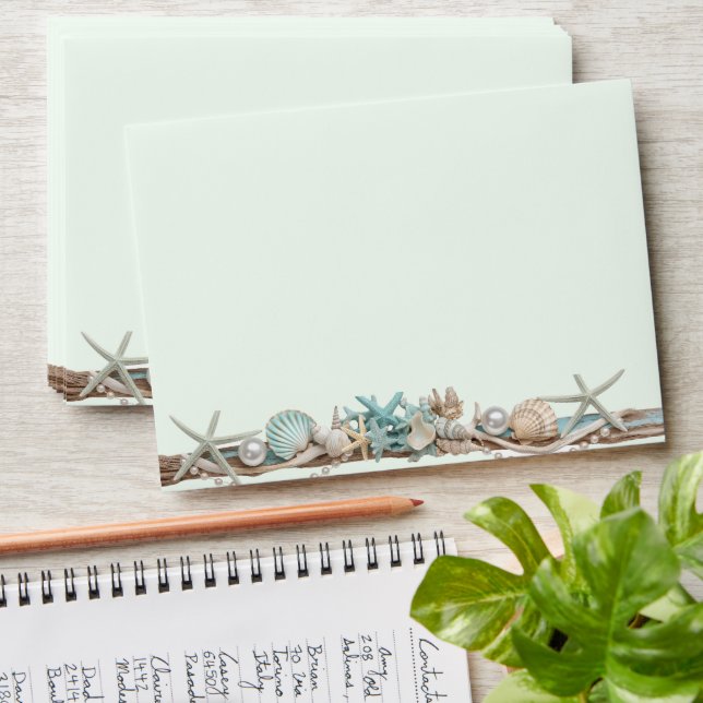 Beach Seashells Driftwood Pearles Starfish  Envelope (Stacked)