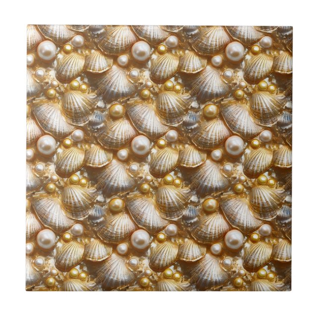 Beach seashells gold pearl clam lustre shells tile (Front)