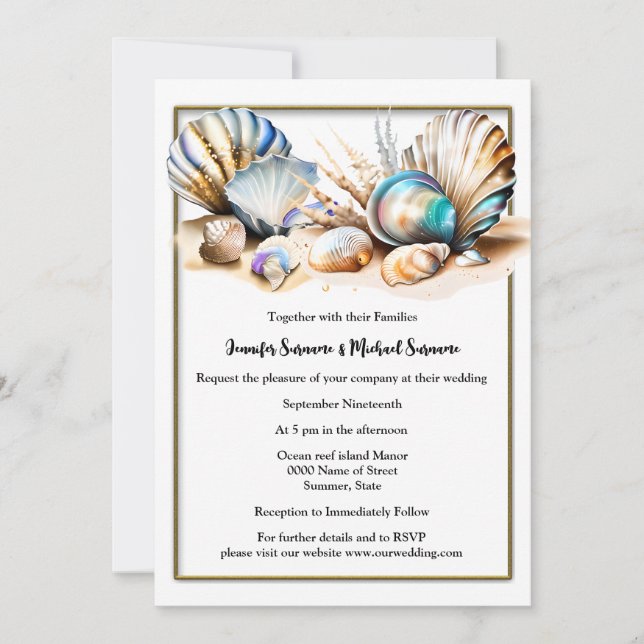Beach seashells iridescent elegant nautical theme invitation (Front)