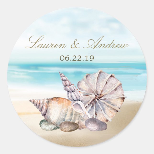 Beach Seashells Nautical Tropical Wedding Monogram Classic Round Sticker (Front)