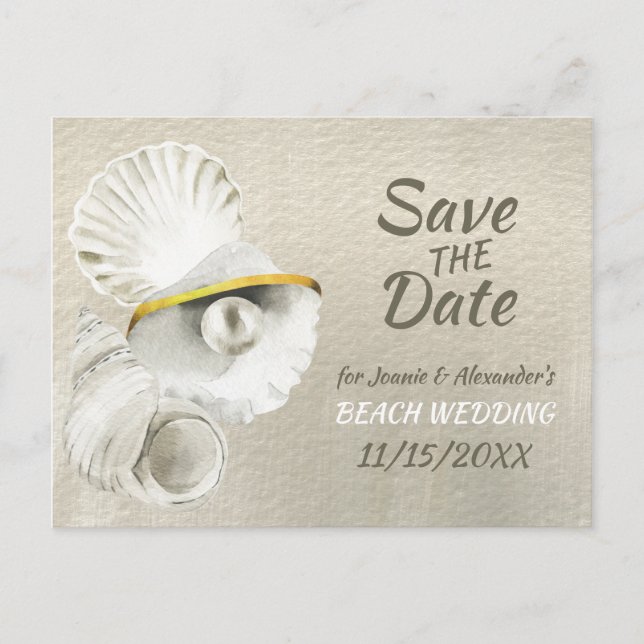 Beach Seashells on Silvery Pearl Save the Date Announcement Postcard (Front)