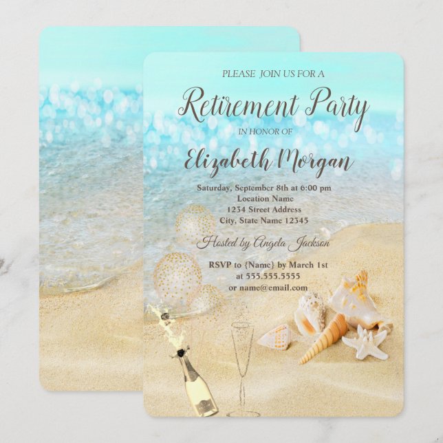 Beach Seashells Sand Balloons,Wine Retirement  Invitation (Front/Back)