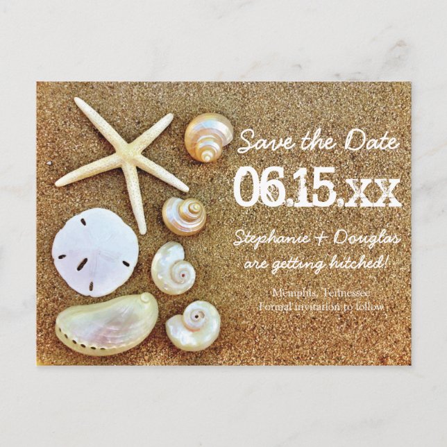 Beach Seashells Sand Save the Date Postcards (Front)