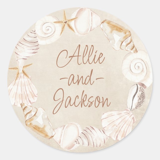 Beach Seashells Sand Seaside Wedding Names Classic Round Sticker (Front)