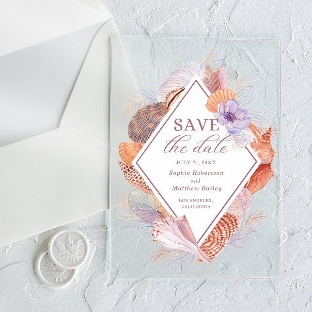 Beach Seashells Watercolor Coastal Chic Wedding Acrylic Invitations (Creator Uploaded)