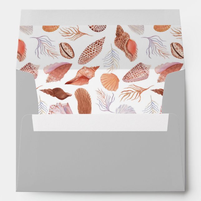 Beach Seashells Watercolor Coastal Chic Wedding Envelope (Back (Bottom))