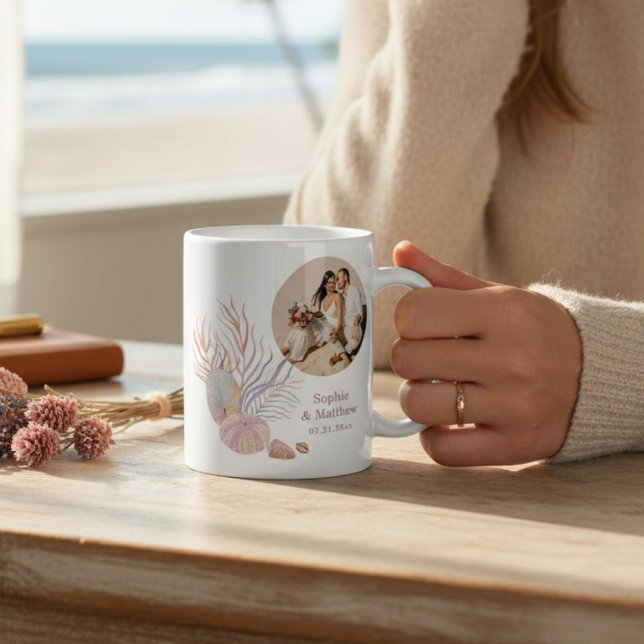 Beach Seashells Watercolor Photo Wedding Coffee Mug (Creator Uploaded)