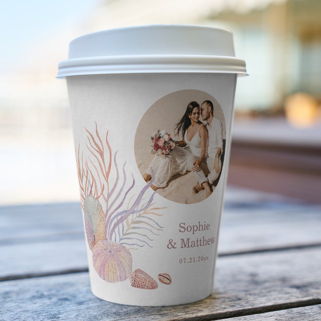 Beach Seashells Watercolor Photo Wedding Paper Cups (Creator Uploaded)