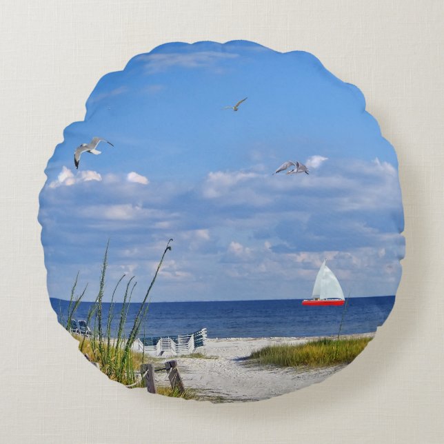 Beach, Seaside, and Birds, Customizable Round Pillow (Front)